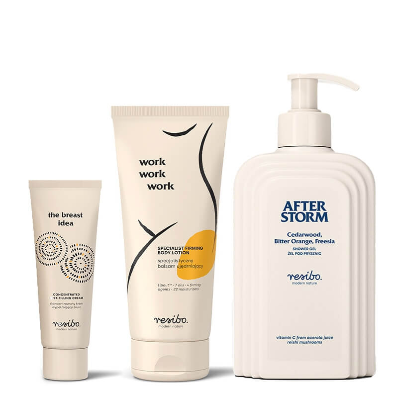 Resibo After Storm + The Breast Idea + Work Work Work ZESTAW Żel pod prysznic 350 ml + Krem do biustu 75 ml + Balsam ujędrniający 200 ml