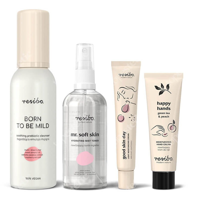 Resibo Born To Be Mild + Mr Soft Skin + Good Skin Day + Krem do rąk GRATIS ZESTAW Łagodząca emulsja myjąca 150 ml + Nawilżający tonik - mgiełka 100 ml + Lekki krem nawilżający 50 ml
