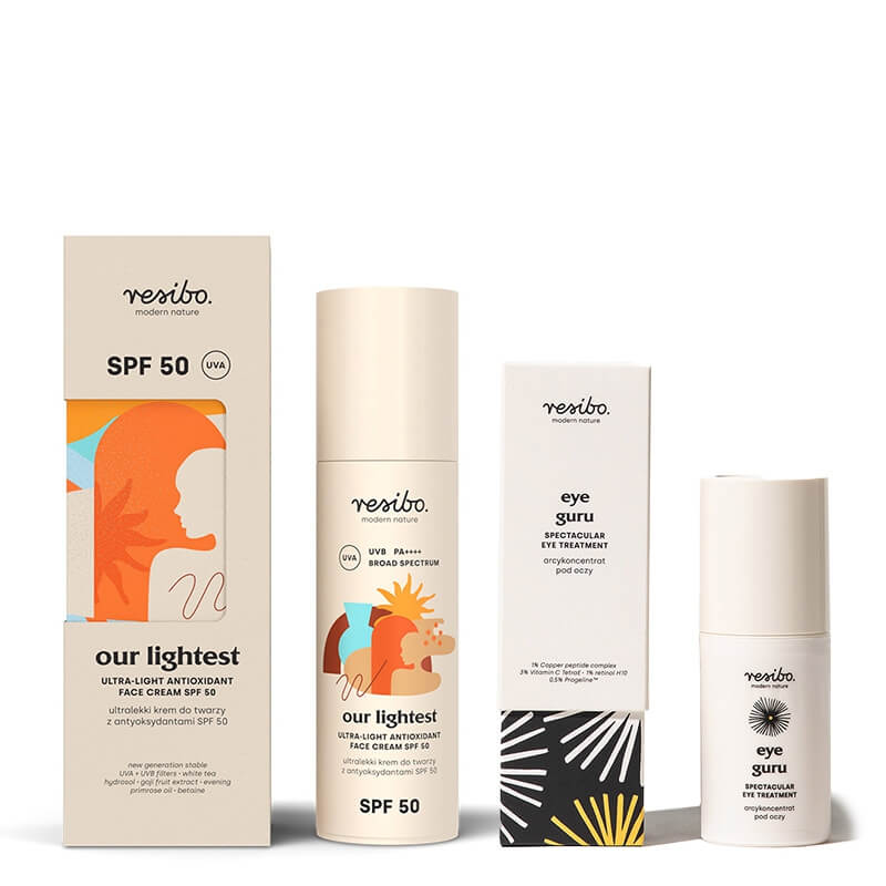 Resibo Eye Guru + Our Lightest SPF 50 ZESTAW Arcykoncentrat pod oczy 15 ml + Ultralekki krem do twarzy z antyoksydantami 50 ml