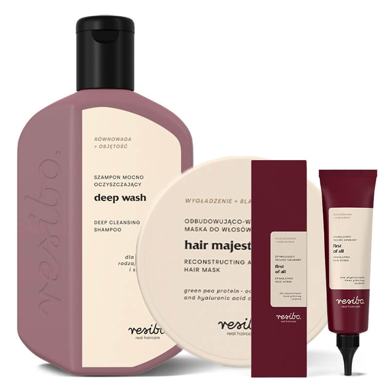 Resibo First of All + Deep Wash + Hair Majesty ZESTAW Stymulujący peeling kwasowy 100 ml + Mocno oczyszczający szampon 250 ml + Maska 175 ml