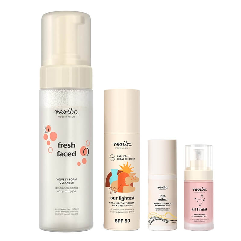 Resibo Fresh Faced + All I Mist + Into Retinal + Our Lightest SPF 50 ZESTAW Pianka oczyszczająca 150 ml + Mgiełka rozświetlająca 30 ml + Serum z retinalem 0,05% 30 ml + Krem SPF 50 50 ml