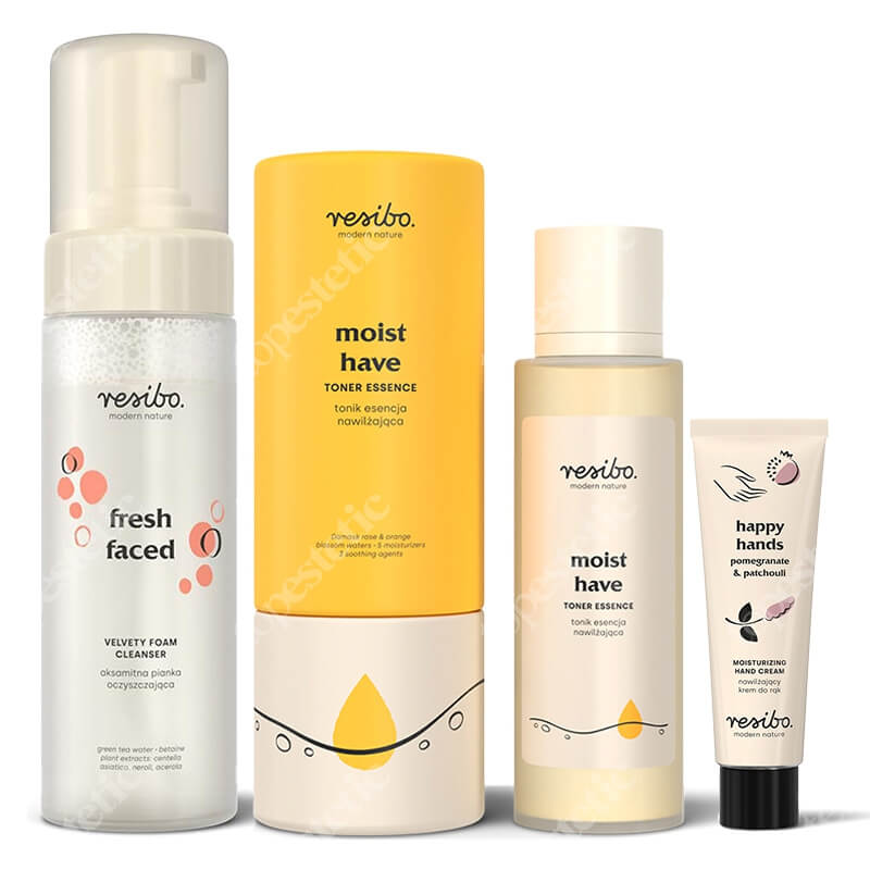 Resibo Fresh Faced + Moist Have + Happy Hands ZESTAW Pianka oczyszczająca 150 ml + Esencja nawilżająca 100 ml + Krem do rąk 50 ml