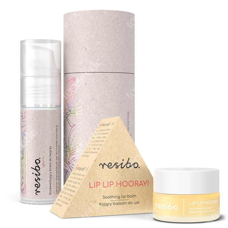 Resibo Lip Lip Hooray + Glow - Illuminating Day Cream ZESTAW Kojący balsam do ust 7 ml + Rozświetlający krem do twarzy 30 ml