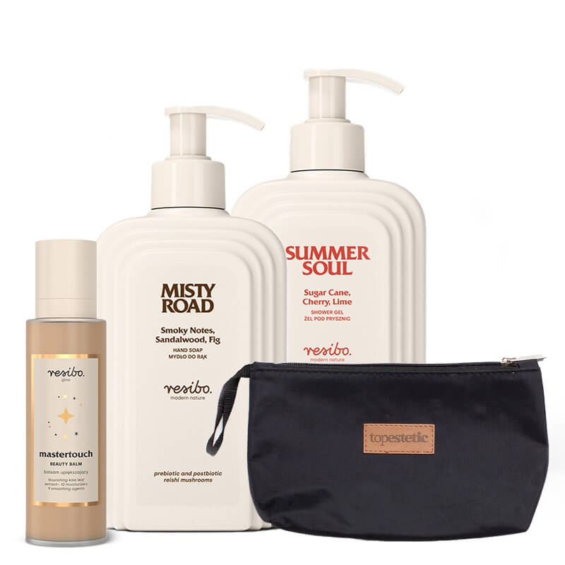 Resibo Mastertouch Body Balm + Summer Soul + Misty Road ZESTAW Rozświetlający balsam 100 ml + Żel pod prysznic 350 ml + Mydło do rąk 350 ml + Kosmetyczka 1 szt