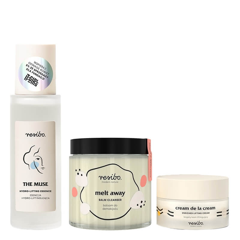Resibo Melt Away + The Muse + Cream De La Cream ZESTAW Balsam do demakijażu 100 ml + Esencja hydro-liftingująca 100 ml + Bogaty krem liftingujący 50 ml