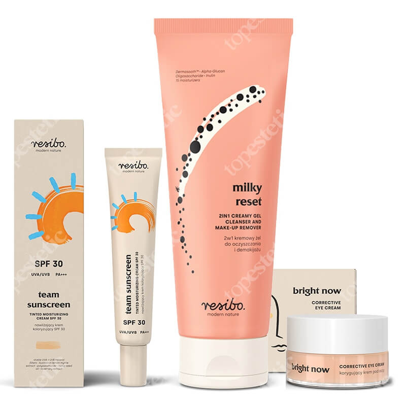 Resibo Milky Reset + Bright Now + Team Sunscreen SPF 30 ZESTAW 2 w 1 kremowy żel do mycia 100 ml + Krem pod oczy 15 ml + Nawilżający krem koloryzujący SPF 30 40 ml