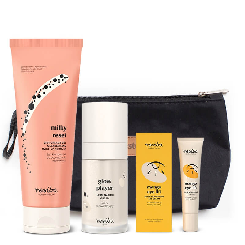 Resibo Milky Reset + Glow Player + Mango Eye Lift ZESTAW Żel 100 ml + Rozświetlający krem 30 ml + Krem pod oczy 15 ml + Kosmetyczka 1 szt