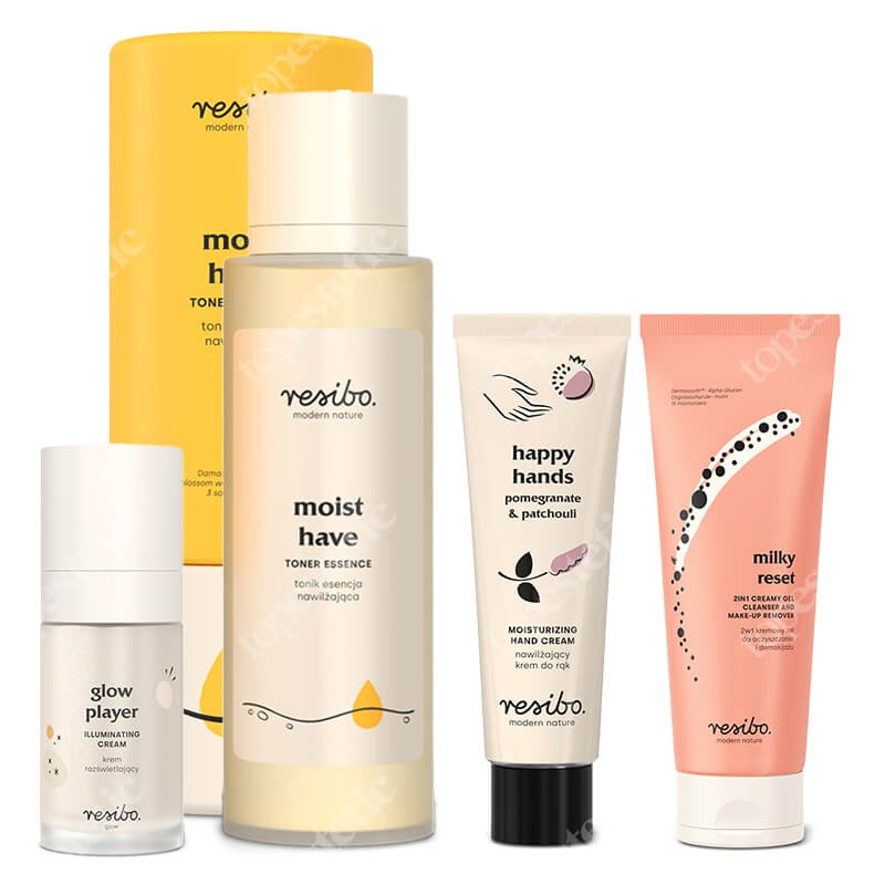 Resibo Milky Reset + Moist Have + Glow Player + Krem do rąk GRATIS ZESTAW 2 w 1 kremowy żel 100 ml + Esencja nawilżająca 100 ml + Rozświetlający krem 30 ml