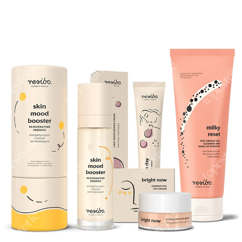 Resibo Milky Reset + Skin Mood Booster + Bright Now + Good Skin Day ZESTAW Żel do oczyszczania 100 ml + Esencja 50 ml + Krem pod oczy 15 ml + Krem nawilżający 50 ml