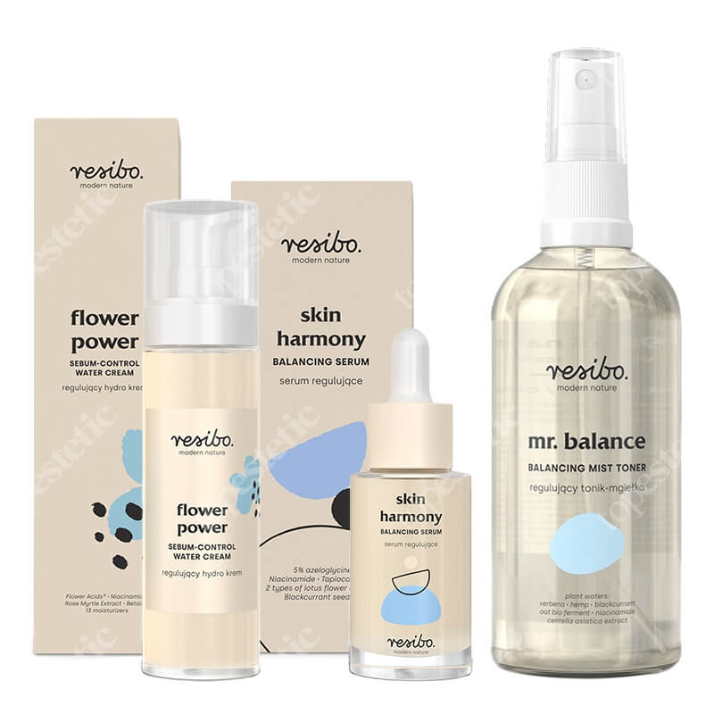 Resibo Mr Balance + Skin Harmony + Flower Power ZESTAW Regulujący tonik - mgiełka 100 ml + Serum normalizujące 30 ml + Regulujący hydro krem 50 ml