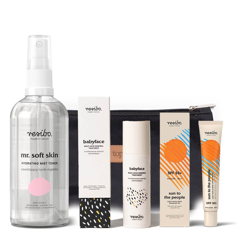 Resibo Mr Soft Skin + Babyface + Sun To The People SPF 50+ ZESTAW Tonik - mgiełka 100 ml + Multikwasowa esencja 50 ml + Krem SPF 50+ 50 ml + Kosmetyczka 1 szt