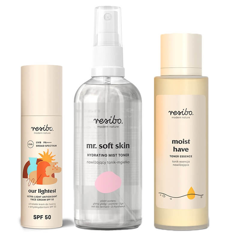 Resibo Mr Soft Skin + Moist Have + Our Lightest SPF 50 ZESTAW Tonik-mgiełka 100 ml + Esencja 100 ml + Krem SPF 50 50 ml