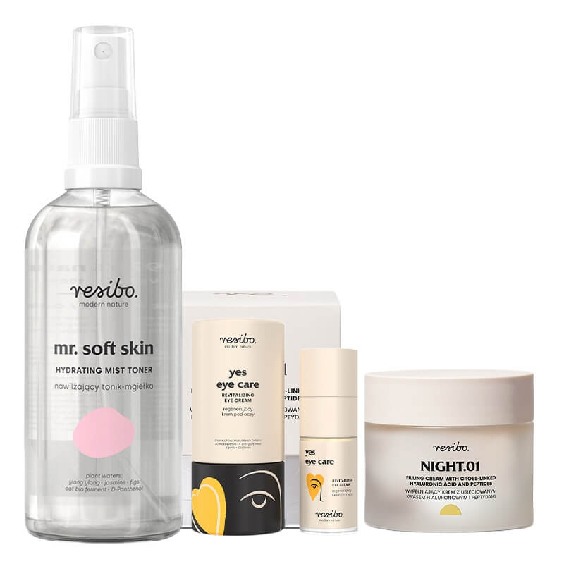 Resibo Mr Soft Skin + Yes Eye Care + Night.01 ZESTAW Nawilżający tonik - mgiełka 100 ml + Krem pod oczy 15 ml + Wypełniający krem na noc 50 ml