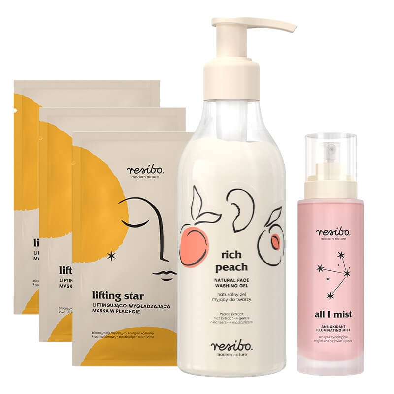 Resibo Rich Peach + All I Mist + Lifting Star ZESTAW Żel myjący 250 ml + Mgiełka rozświetlająca 100 ml + Maska w płachcie x 3