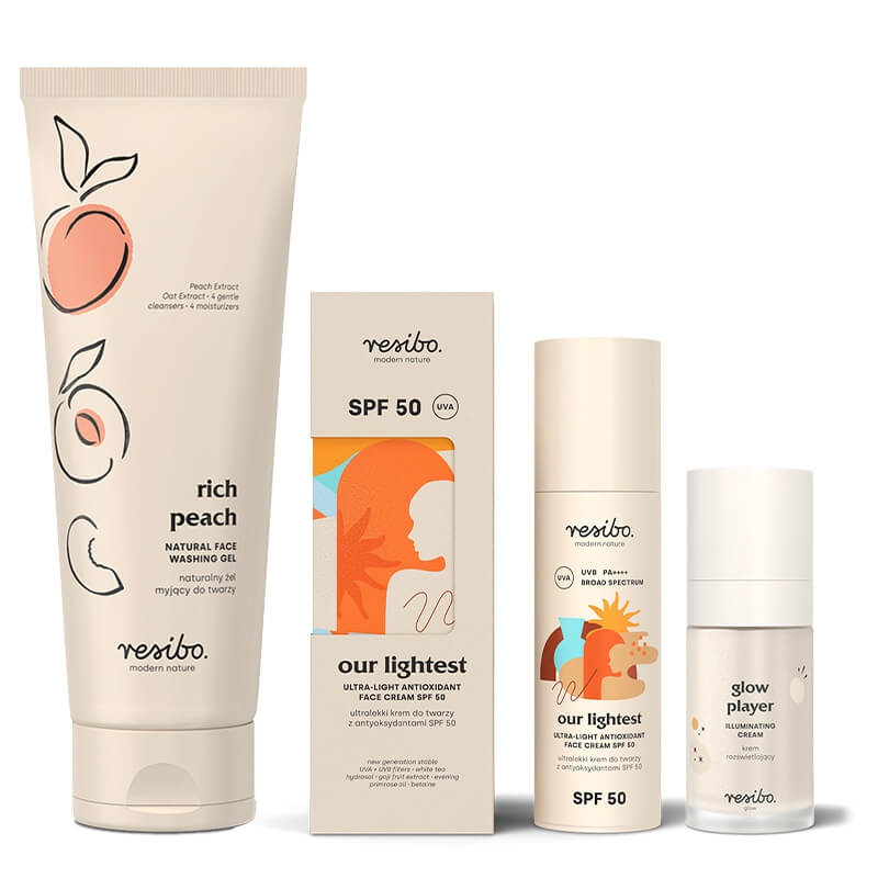 Resibo Rich Peach + Glow Player + Our Lightest SPF 50 ZESTAW Żel 125 ml + Krem rozświetlający 30 ml + Krem SPF 50 50 ml