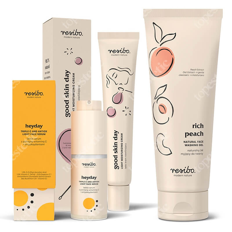 Resibo Rich Peach + Heyday + Good Skin Day ZESTAW Żel myjący 125 ml + Serum z potrójną witaminą C i antyoksydantami 30 ml + Lekki krem 50 ml