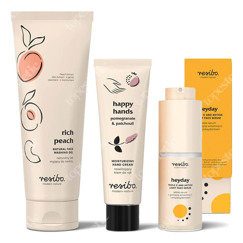 Resibo Rich Peach + Heyday + Happy Hands ZESTAW Żel myjący 125 ml + Serum z witaminą C 30 ml + Krem do rąk 50 ml