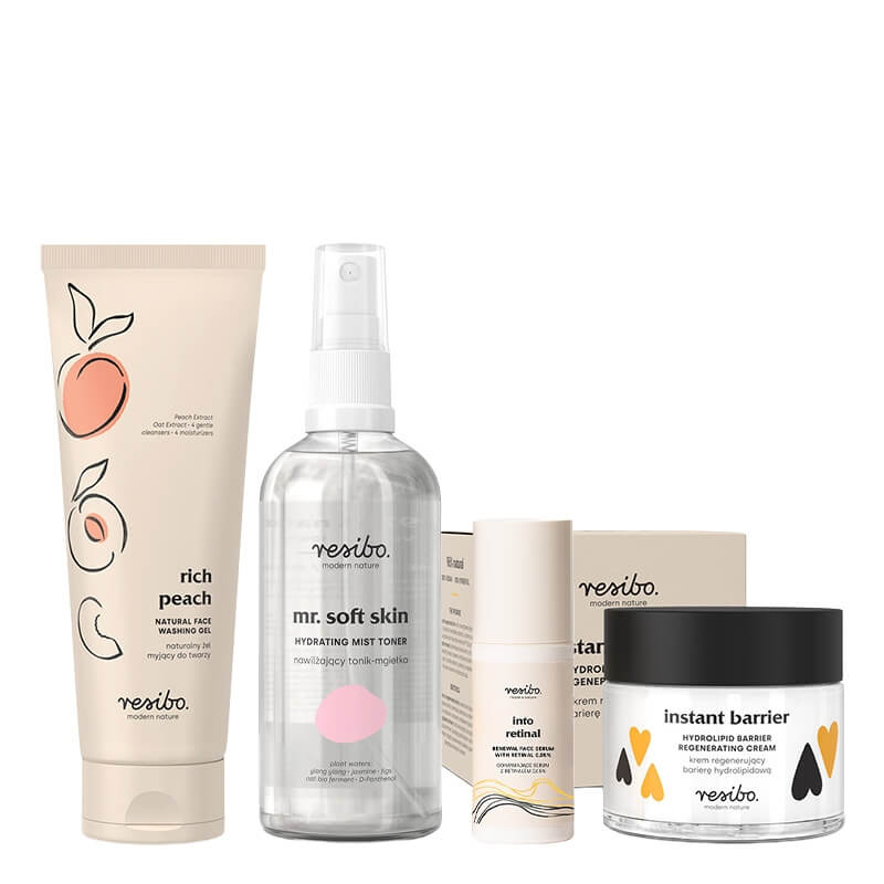 Resibo Rich Peach + Mr Soft Skin + Into Retinal + Instant Barrier ZESTAW Żel myjący 125 ml + Nawilżający tonik-mgiełka 100 ml + Serum z retinalem 0,05% 30 ml + Krem regenerujący 50 ml