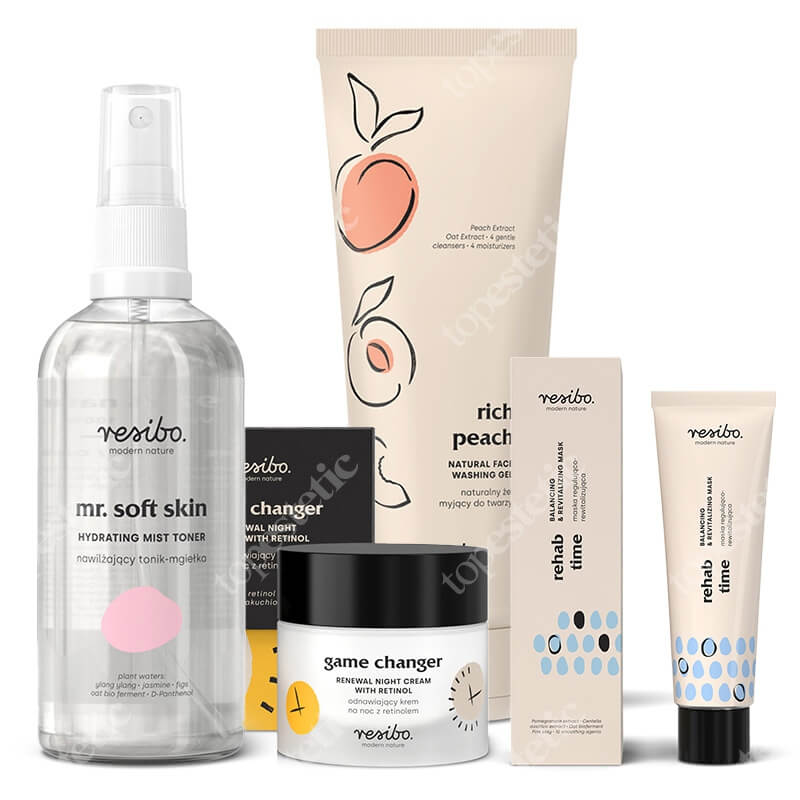 Resibo Rich Peach + Mr Soft Skin + Rehab Time + Game Changer ZESTAW Żel myjący 125 ml + Tonik - mgiełka 100 ml + Maska 50 ml + Krem z retinolem 30 ml