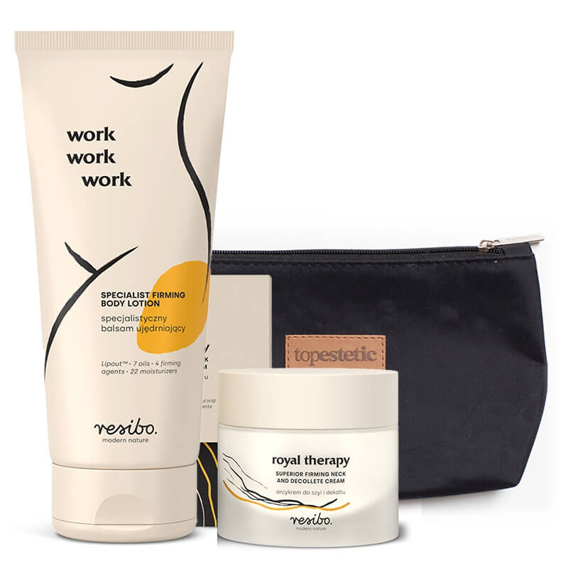 Resibo Royal Therapy + Work Work Work ZESTAW Arcykrem do szyi i dekoltu 50 ml + Balsam ujędrniający 200 ml + Kosmetyczka 1 szt