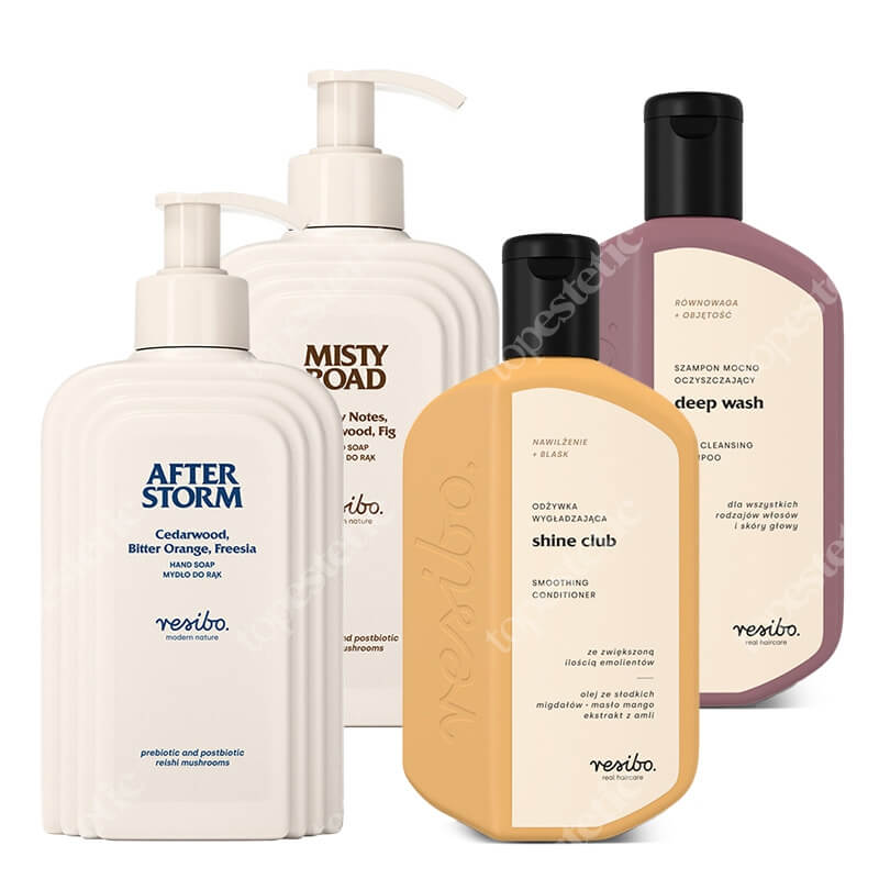 Resibo Shower Set 1 ZESTAW Oczyszczający szampon 250 ml + Odżywka wygładzająca 250 ml + Żel pod prysznic 350 ml + Mydło do rąk 350 ml