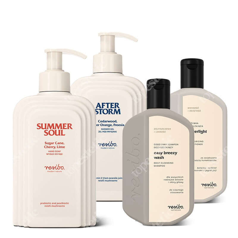 Resibo Shower Set 2 ZESTAW Oczyszczający szampon 250 ml + Odżywka nawilżająca 250 + Żel pod prysznic 350 ml + Mydło do rąk 350 ml