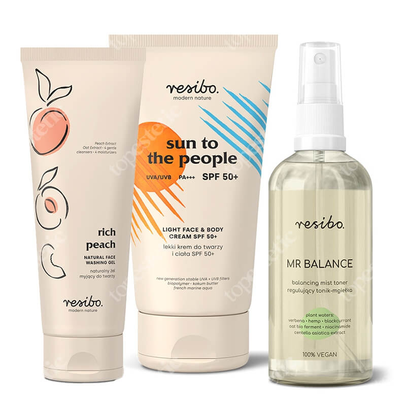 Resibo Sun To The People + Rich Peach + Mr Balance ZESTAW Krem SPF 50+ 150 ml + Żel z ekstraktem z brzoskwini 125 ml + Regulujący tonik - mgiełka 100 ml