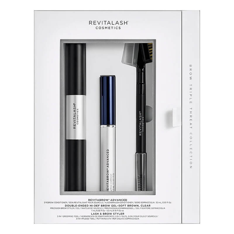 Revitalash Brow Triple Threat Collection ZESTAW Odżywka do brwi 3 ml + Żel utrwalający do brwi 2x 5,50 ml + Narzędzie do pielęgnacji rzęs i brwi 3w1 1 szt