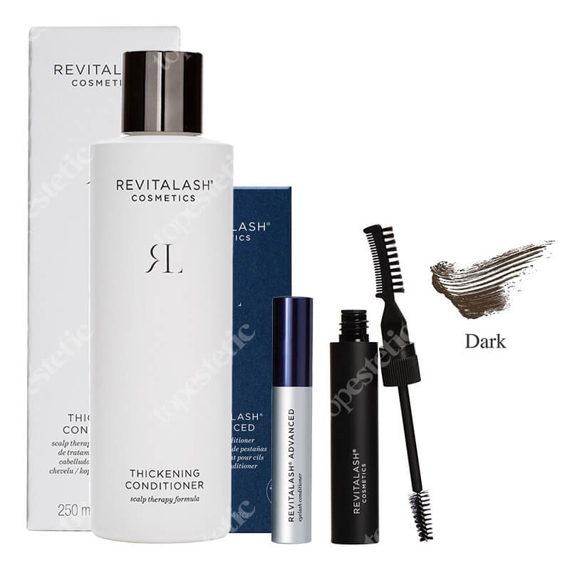 Revitalash Eyelash + Brow + Hair ZESTAW Odżywka stymulująca wzrost rzęs 1,0 ml + Wielozadaniowy żel do brwi﻿ - ciemny brąz 7,4 ml + Zagęszczająca odżywka 250 ml