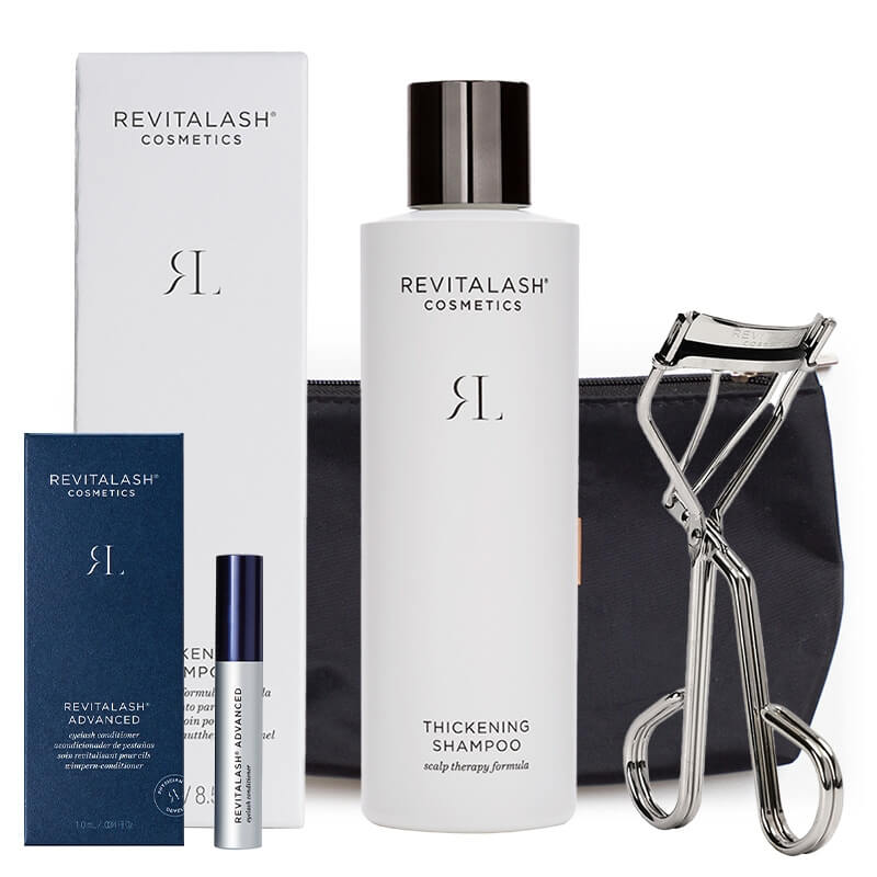 Revitalash Gift Set ZESTAW Odżywka stymulująca wzrost rzęs 1,0 ml + Szampon pogrubiający 250 ml + Zalotka 1 szt + Kosmetyczka Topestetic 1 szt GRATIS
