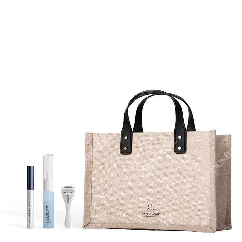 Revitalash Summer Ultimate Brow ZESTAW Odżywka stymulująca wzrost brwi 3 ml + Maska do rzęs i brwi 5 ml + Roller do okolic oczu 1 szt + Lniano-bawełniana torba 1 szt