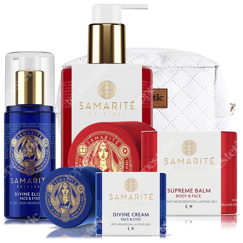 Samarite Bestseller Set ZESTAW Krem 45 ml + Balsam do ciała 90 ml + Eliksir 150 ml + Żel do twarzy 300 ml + Kosmetyczka