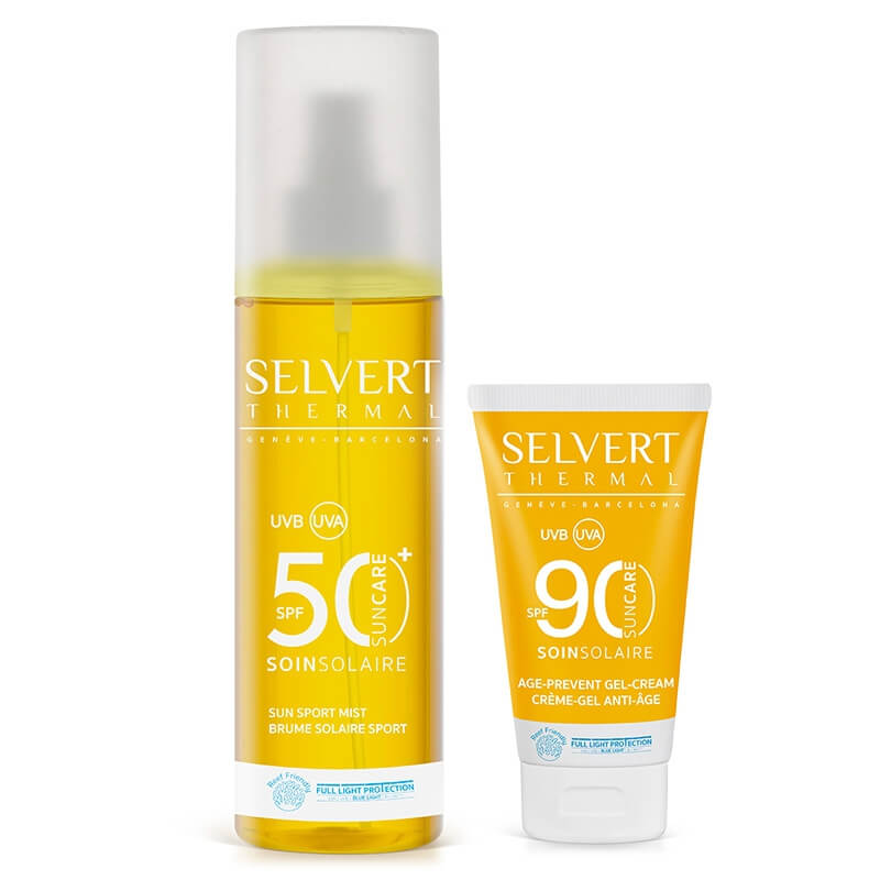 Selvert Thermal Age Prevent Gel-Cream SPF 90 + Sport Mist SPF 50+ ZESTAW Żel-krem do twarzy z barierą ochronną 50ml + Mgiełka do ciała 200 ml