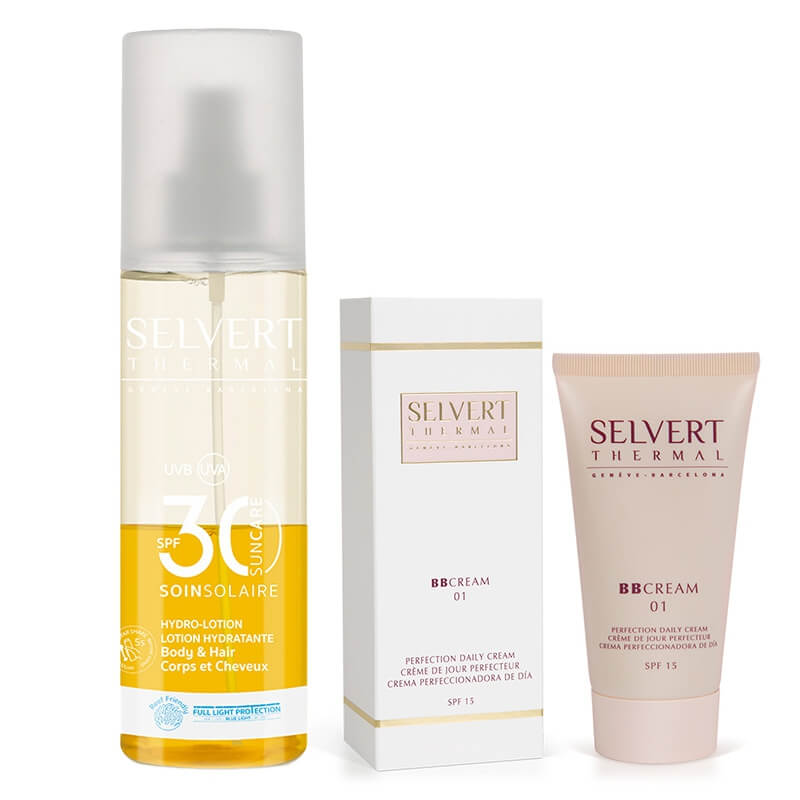 Selvert Thermal BB Cream 01 SPF 15 + Hydro-Lotion Body and Hair SPF 30 ZESTAW Krem BB jasny 50 ml + Mgiełka do ciała i włosów 200 ml