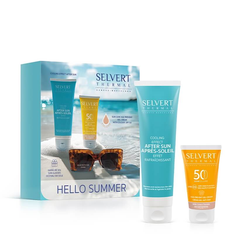 Selvert Thermal Hello Summer ZESTAW Emulsja po opalaniu 150 ml + Żel-krem do twarzy z kolorem i barierą ochronną 50ml + Okulary (wzór panterka) 1 szt