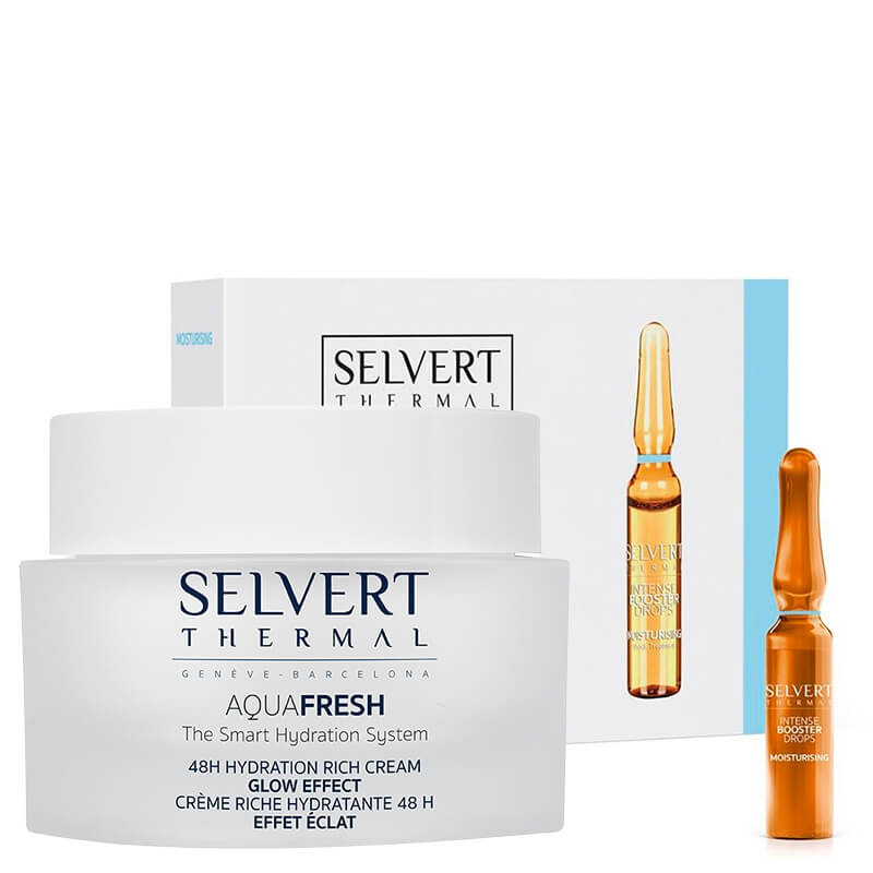 Selvert Thermal Intense Booster Drops Moisturising + 48H Hydration Rich Cream ZESTAW Ampułki nawilżające 10x 2 ml + Bogaty krem nawadniający 48h 50 ml