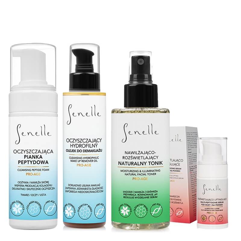 Senelle Steps To Beauty Face ZESTAW Olejek do demakijażu 150 ml + Oczyszczająca pianka peptydowa 150 ml + Tonik do twarzy 150 ml + Serum pod oczy 15 ml