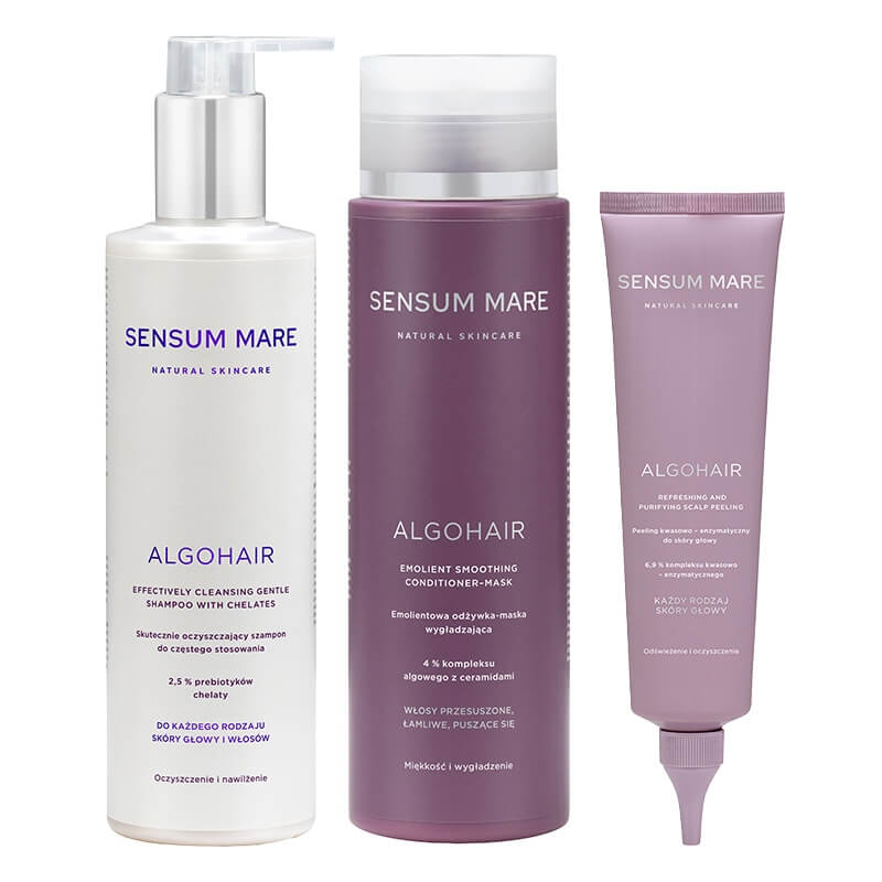 Sensum Mare AlgoHair Set ZESTAW Peelingdo skóry głowy 150 ml + Oczyszczający szampon 250 ml + Emolientowa odżywka-maska 250 ml