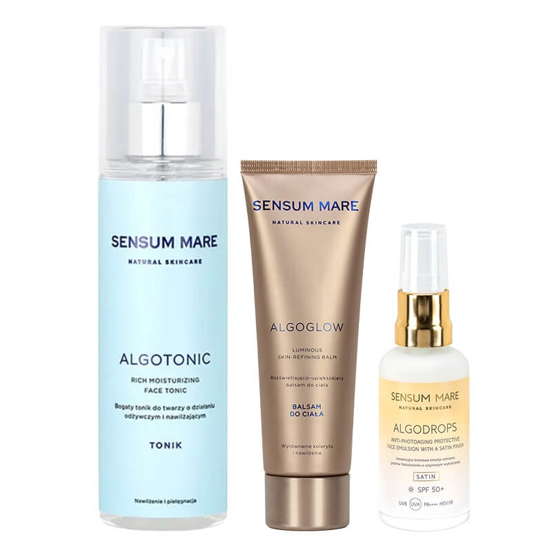 Sensum Mare AlgoTonic + AlgoDrops Satin + Luminous Skin-Refining Balm ZESTAW Tonik 200 ml + Emulsja ochronna UVB UVA HEV/IR 50 ml + Rozświetlający balsam do ciała 125 ml