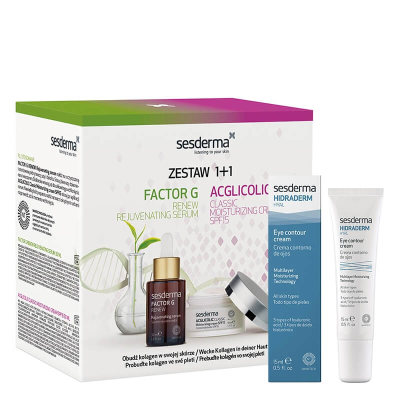 Sesderma Acglicolic Classic + Factor G - Rejuvenating Serum + Hidraderm Eye ZESTAW ZESTAW Krem nawilżający SPF15 50 ml + Serum z pęcherzykami lipidowymi 30 ml, kartonik + Krem pod oczy 15 ml