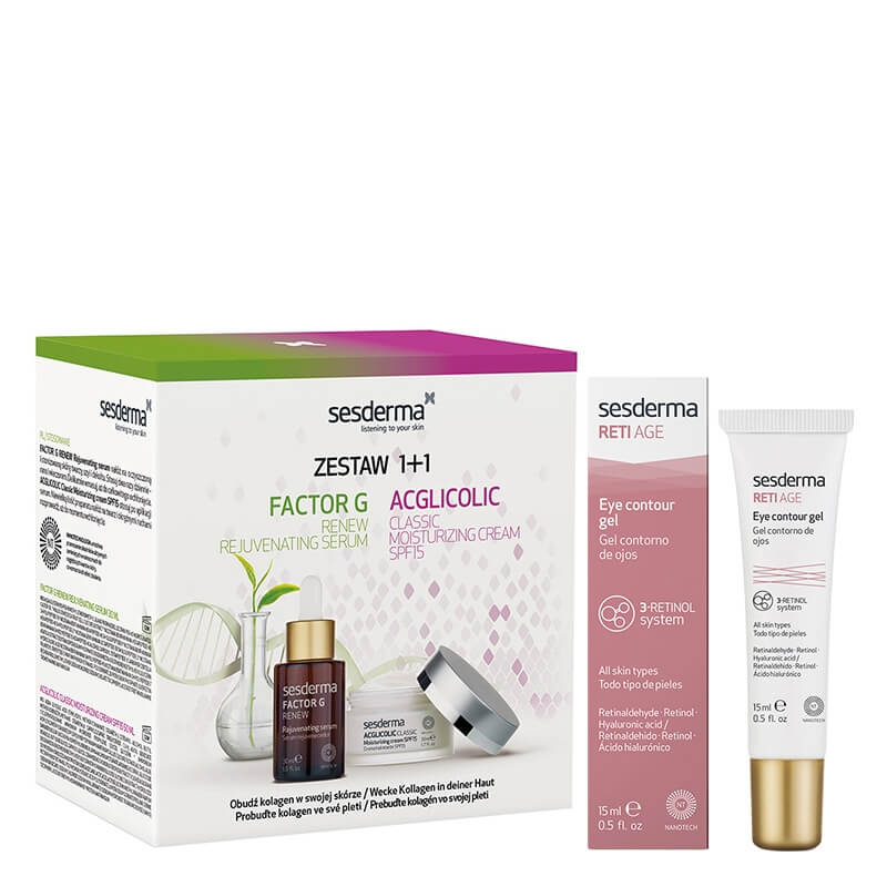 Sesderma Acglicolic Classic + Factor G - Rejuvenating Serum + Reti Age Eye Contour Gel ZESTAW ZESTAW Krem nawilżający SPF15 50 ml + Serum z pęcherzykami lipidowymi 30 ml, kartonik + Żel kontur oczu 15 ml