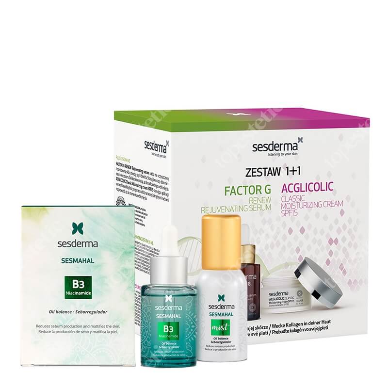 Sesderma Acglicolic Classic + Factor G - Rejuvenating Serum + Sesmahal B3 - Niacinamide + Sesmahal Mist ZESTAW Krem nawilżający SPF15 50 ml + Serum z pęcherzykami lipidowymi 30 ml + Serum trójcząsteczkowe 30 ml + Mgiełka 30 ml