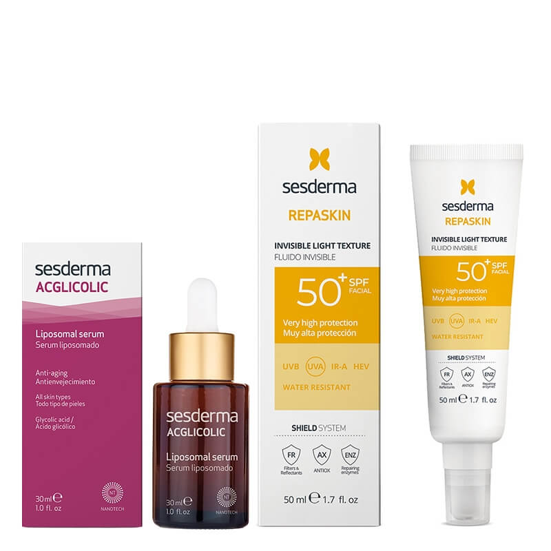 Sesderma Acglicolic + Repaskin Fluido Invisible SPF 50+ New ZESTAW Serum Liposomowe 30 ml + Emulsja 50 ml
