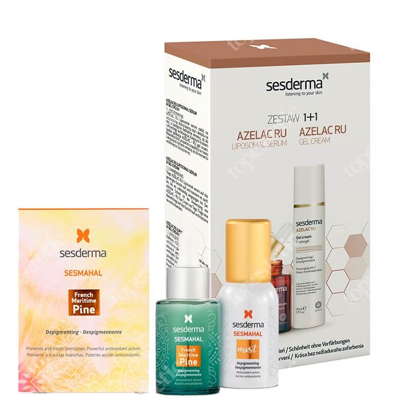 Sesderma Azelac RU + Azelac RU Gel Cream + Sesmahal French Maritime Pine + Sesmahal Mist ZESTAW Serum liposomowe 30 ml + Krem-Żel depigmentujący 50 ml + Serum zwalczające przebarwienia 30 ml + Mgiełka 30 ml