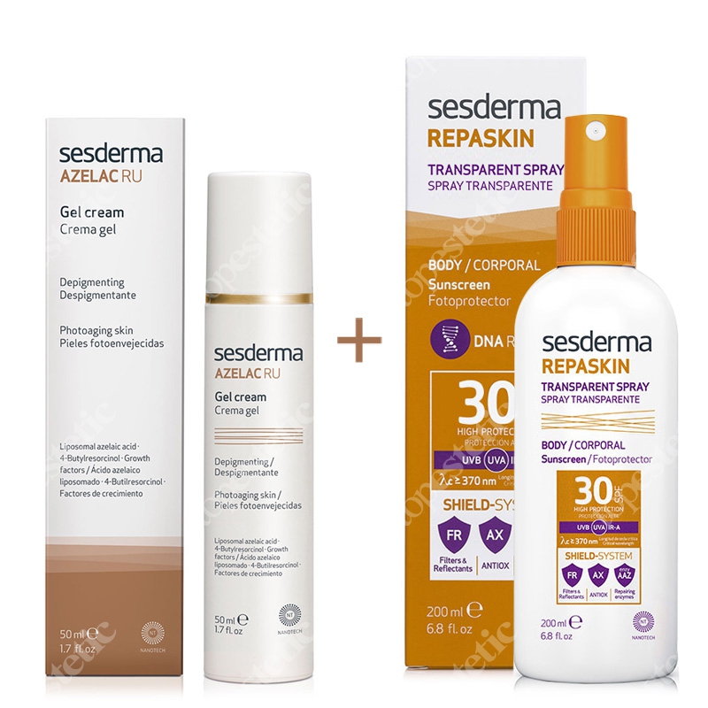 Sesderma Azelac RU Gel Cream + Repaskin Transparent Spray ZESTAW Krem-żel depigmentujący 50 ml + Wysoka ochrona przeciwsłoneczna SPF 30 200 ml
