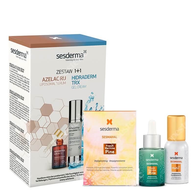 Sesderma Azelac RU + Hidraderm TRX Gel Cream + Sesmahal French Maritime Pine + Sesmahal Mist ZESTAW Serum liposomowe 30 ml + Krem-żel 50 ml + Serum zwalczające przebarwienia 30 ml + Mgiełka 30 ml