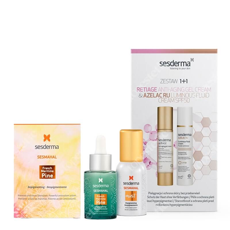 Sesderma Azelac RU Luminous Fluid Cream + Reti Age Anti-Aging Gel Cream + Sesmahal French Maritime Pine + Sesmahal Mist ZESTAW Emulsja rozświetlająca SPF 50 50 ml + Krem-żel przeciwstarzeniowy 50 ml + Serum zwalczające przebarwienia 30 ml + Mgiełka 30 ml