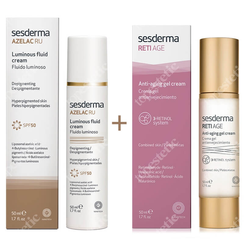 Sesderma Azelac RU Luminous Fluid Cream + Reti Age Anti-Aging Gel Cream ZESTAW Emulsja rozświetlająca SPF 50 50 ml + Krem-żel przeciwstarzeniowy 50 ml