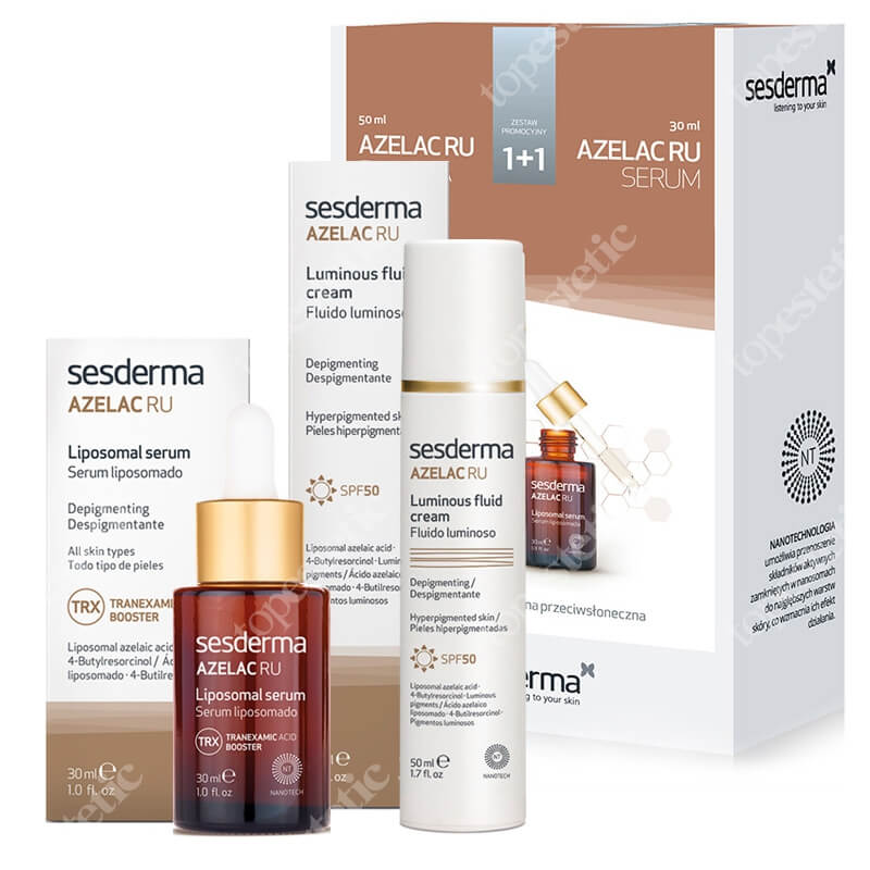 Sesderma Azelac RU Serum + Luminous Fluid Cream ZESTAW Serum liposomowe 30 ml + Emulsja rozświetlająca SPF 50 50 ml Kartonik