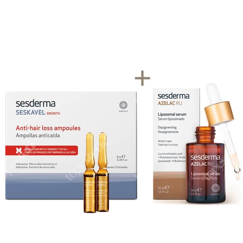 Sesderma Azelac RU + Seskavel Anti-Hair Loss Ampoules ZESTAW Serum liposomowe 30 ml + Ampułki przeciw wypadaniu włosów 12x8 ml